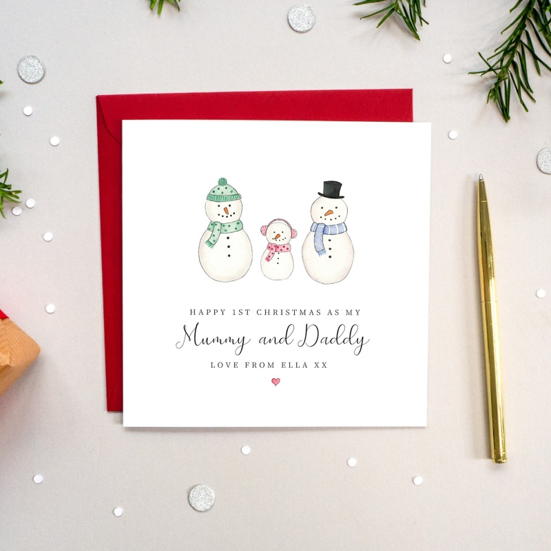 Personalised Snowman Family Christmas card - First Christmas as my mummy and daddy